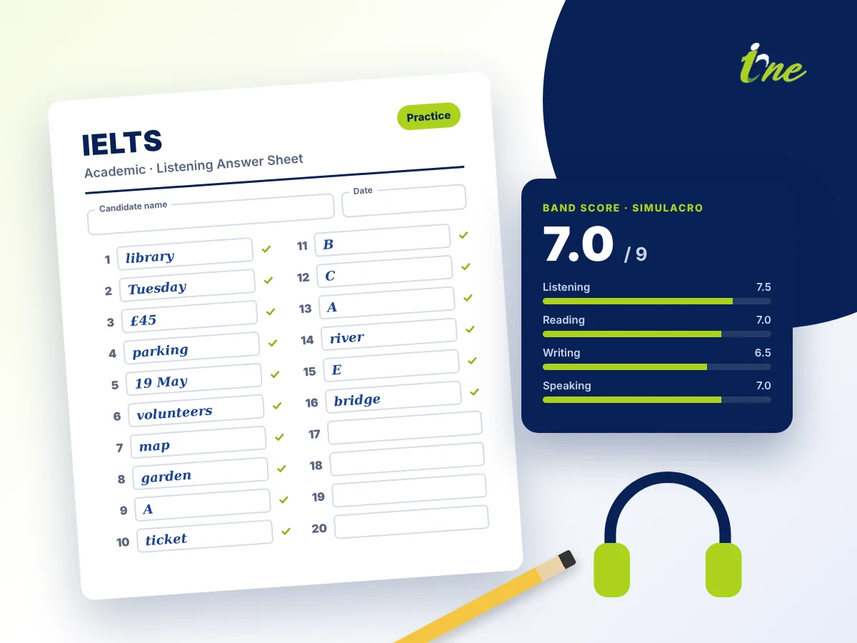 Hoja de respuestas de práctica IELTS y resultado por banda de un simulacro