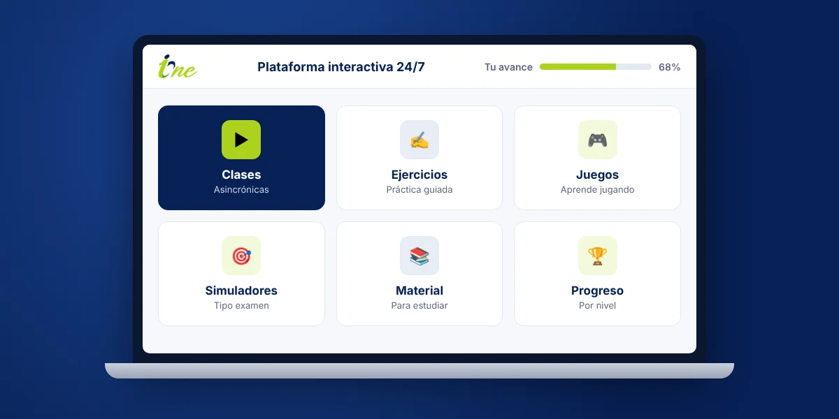 Plataforma interactiva de I-ONE con clases, ejercicios, juegos, simuladores y material de estudio